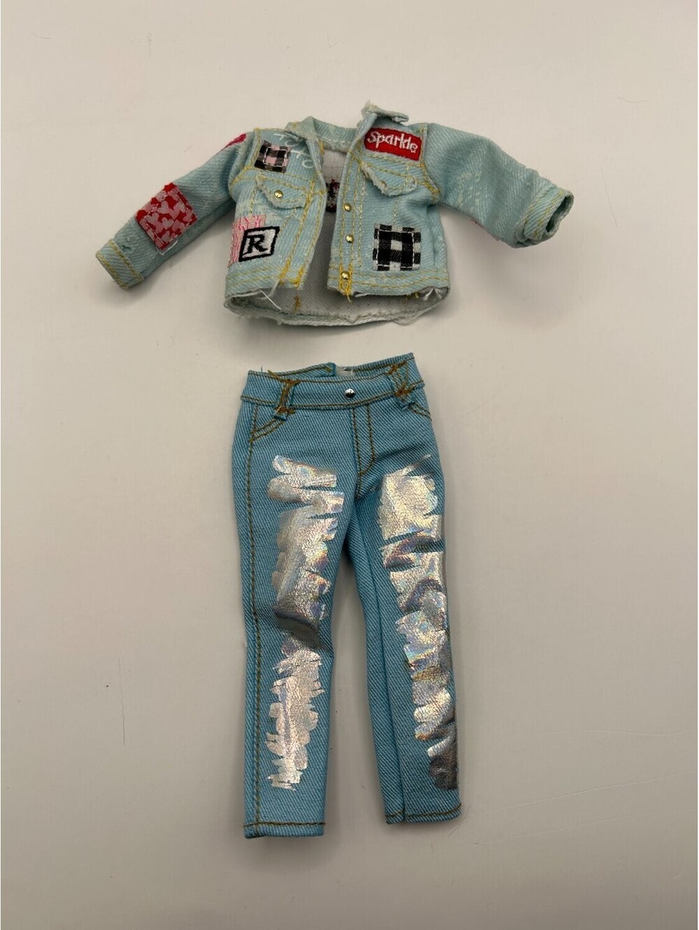 Doll Denim Jacket Silver Metallic Jeans Outfit Sparkle Patches Fits Rainbow High